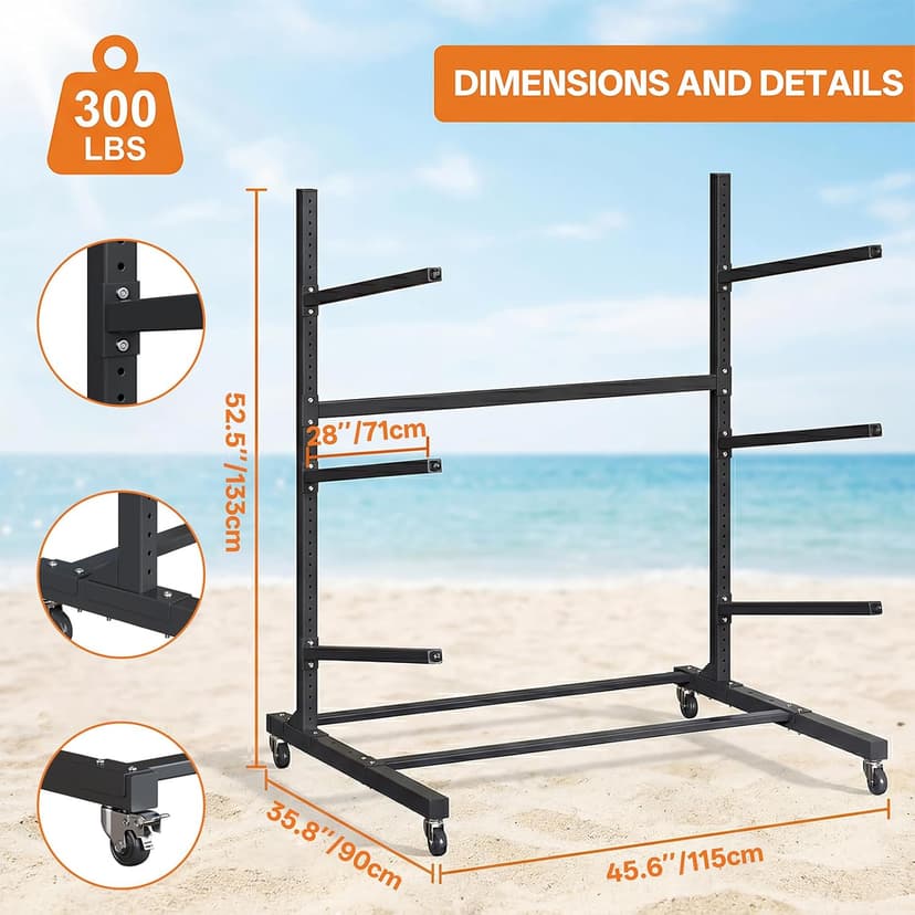 Kayak Storage Rack with Wheel, Adjustable Kayak Racks, Carbon Steel Water Sport Watercraft Storage Rack for Canoes or Surfboards