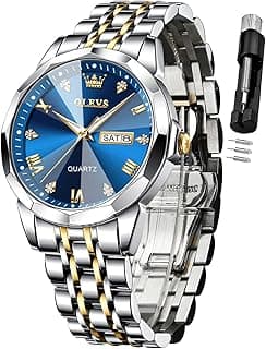 OLEVS Watch for Men Diamond Business Dress Analog Quartz Stainless Steel Waterproof Luminous Date Two Tone Luxury Casual Wrist Watch Blue