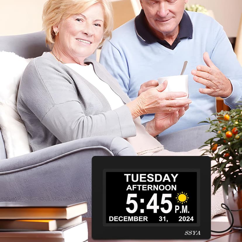 SSYA 7 Inch Calendar Clock - 12 Alarm Options, Level 5 Auto Dimmable Display,Extra Large Impaired Vision Digital Clock with Non-Abbreviated Day & Month (Black)