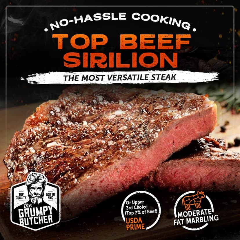 Grumpy Butcher Box Meat Food Gifts – Includes 2 Top Sirloin Steaks (6 oz), 2 Duroc Bone-In Pork Steaks (14 oz) & 2 Large Fully-Cooked Chicken Breasts – Lean Steak & Premium Meat Gift Box