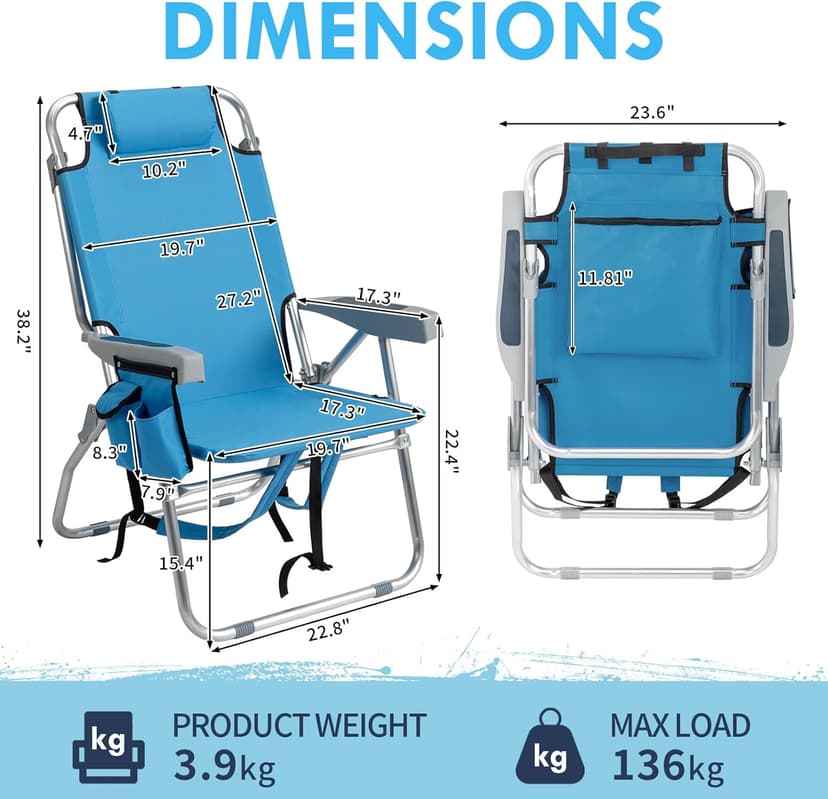 Outvita Backpack Beach Chair, 5 Level Adjustable Positions Beach Chair with Back Storage Bag, Cooler Pouch and Side Bags for Beach Poolside Lawn