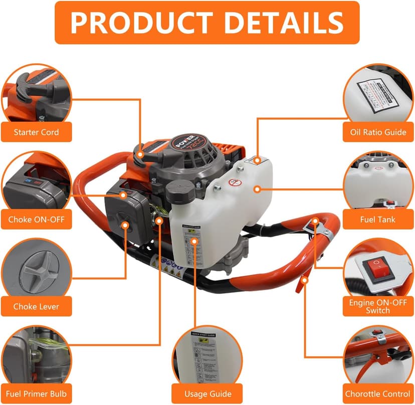 72CC Auger Post Hole Digger, 2 Stroke Gas Powered Earth Post Hole Digger with 2 Auger Drill Bits(6" & 8") + 1 Extension Rods for Farm Garden Plant, Orange (72CC)