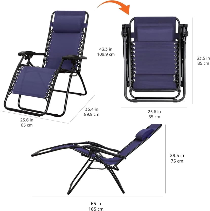 Amazon Basics Outdoor Portable Zero Gravity Reclining Lounge Chair with Headrest Pillow, Textilene, Lightweight, 26", Blue
