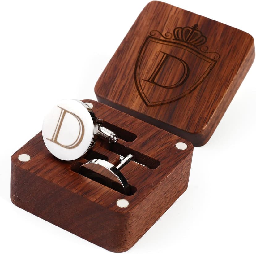 Mens Initial Silver Cufflinks A-Z Alphabet Letter Steel Cuff Links with Engraved Walnut Wood Box Groom Groomsman Wedding Set…