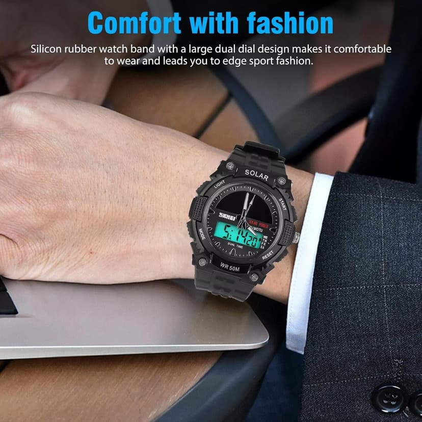 MASTOP Solar Powered Energy Watch for Men Military Digital Multifunctional Led Luminous Indication 2 Time Zone 50m Waterproof Watch Reloj Solar para Hombre