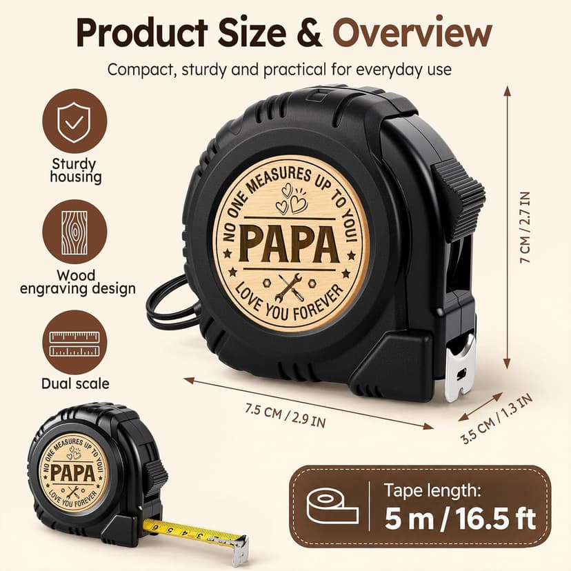 TUZELIYA Papa Birthday Gifts from Daughter Son, 16.5ft 5M Tape Measure Gifts for Him Men, No One Measures Up to You Papa, Daddy Presents, Dad Gifts for Christmas Fathers Day Thanksgiving B0HCZ5MCR9