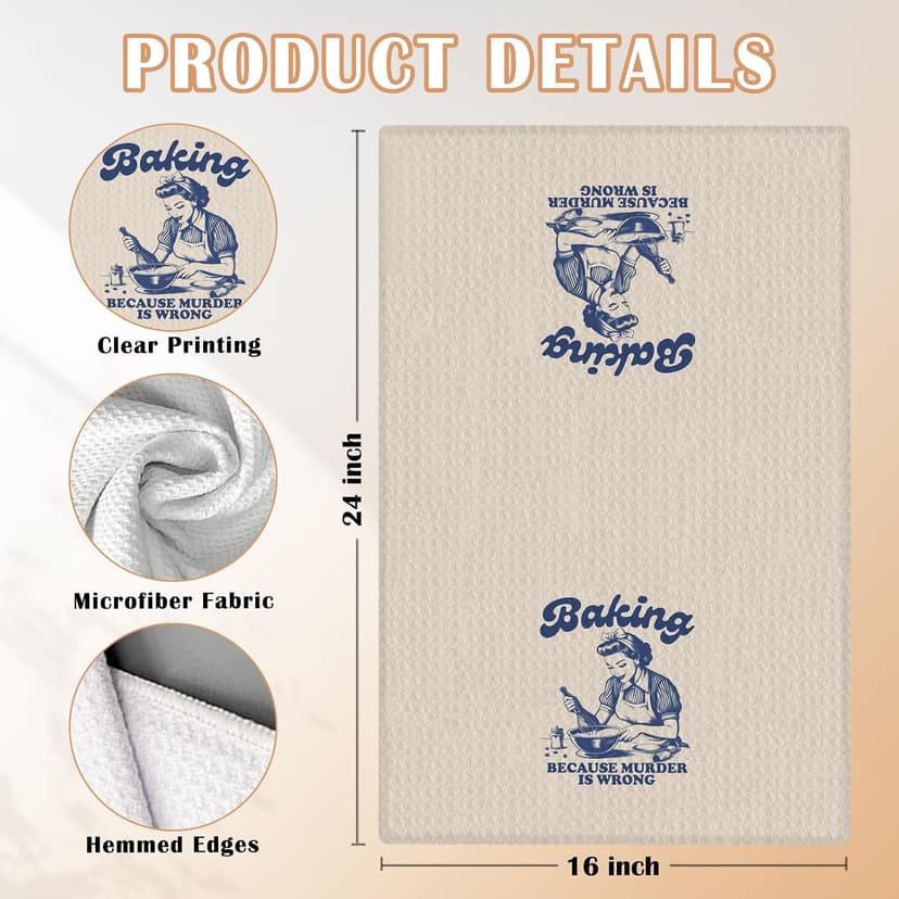 Funny Retro Baking Kitchen Towels, Baker Gifts for Women, Baking Because Murder is Wrong Decorative Hand Tea & Dish Towels for Bakery Kitchen, 16x24 Inch B0FSXQPHYH