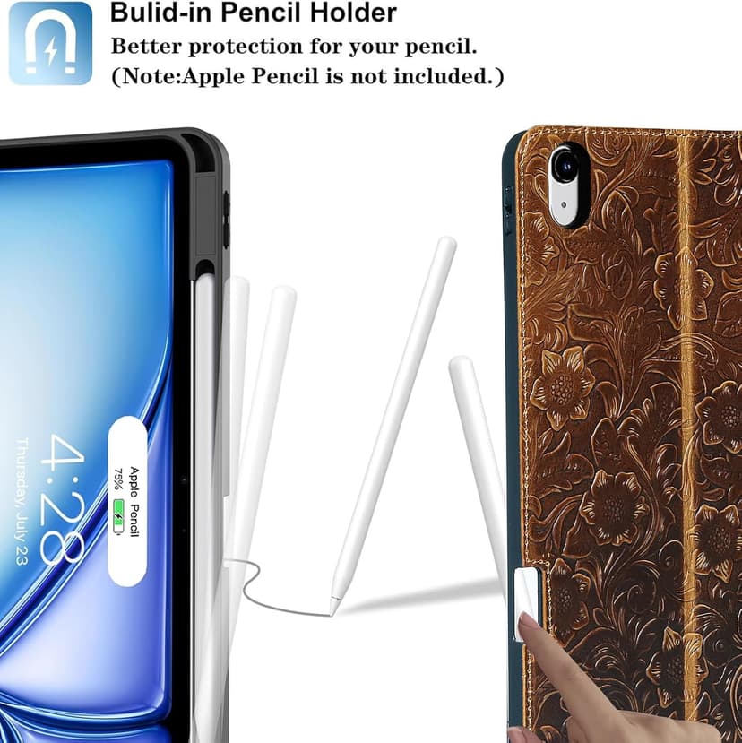 Gexmil Genuine Leather Case for iPad Pro 11 Inch (M5/M4) 2025/2024 with Pencil Holder,Protective Shockproof Leather Smart Folio Cover Adjustable Stand Auto Sleep/Wake Anti-Slip, Flower Brown