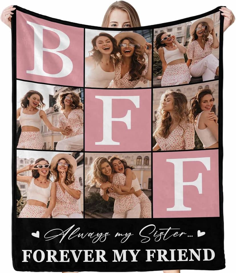 BFF Personalized Blanket with Photo and Pictures - Customized Gift for Best Friendship - Women Friends Personalized Gift, 8 Sizes B0CXXTGWKL
