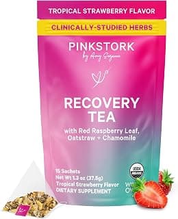 Pink Stork Postpartum Recovery Herbal Tea, Organic Red Raspberry Leaf with Chamomile, Hormone Balance for Women After Labor and Delivery, Strawberry Passion, Hot or Iced, Caffeine-Free, 15 Sachets
