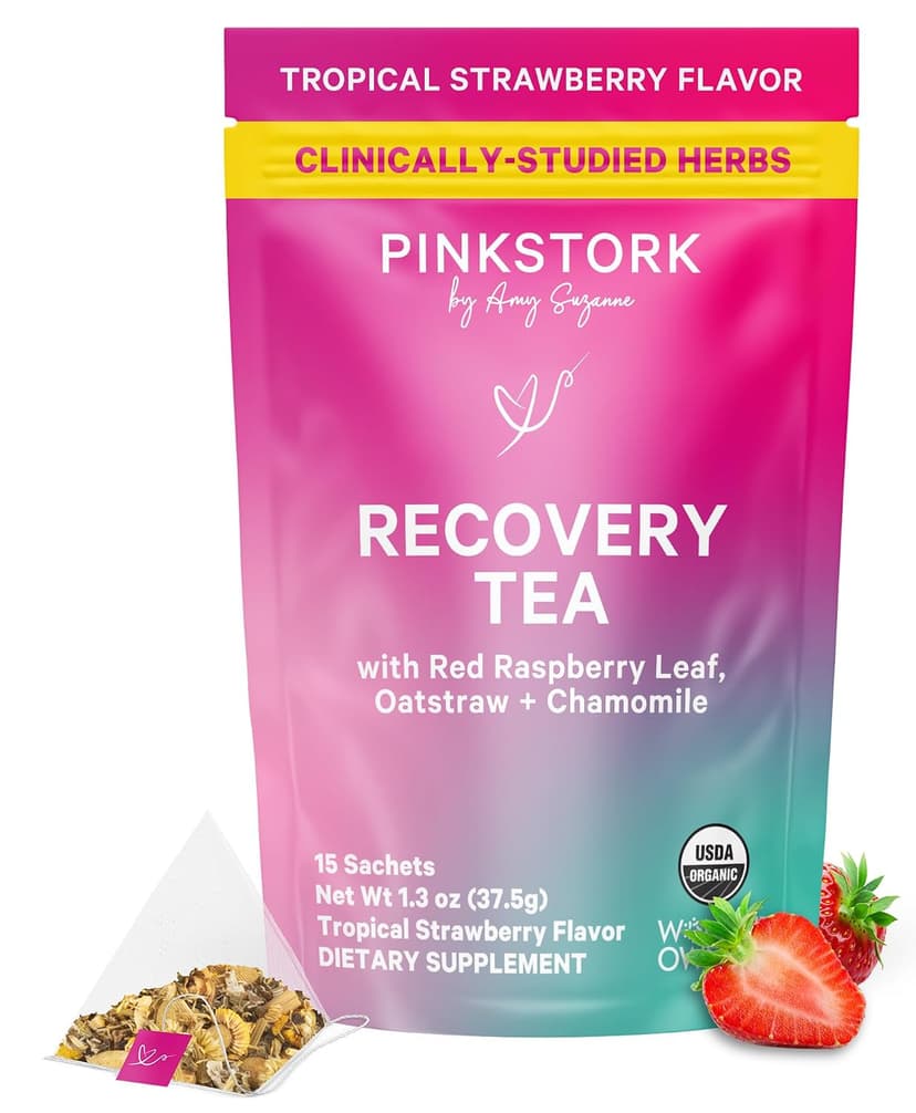 Pink Stork Postpartum Recovery Herbal Tea, Organic Red Raspberry Leaf with Chamomile, Hormone Balance for Women After Labor and Delivery, Strawberry Passion, Hot or Iced, Caffeine-Free, 15 Sachets