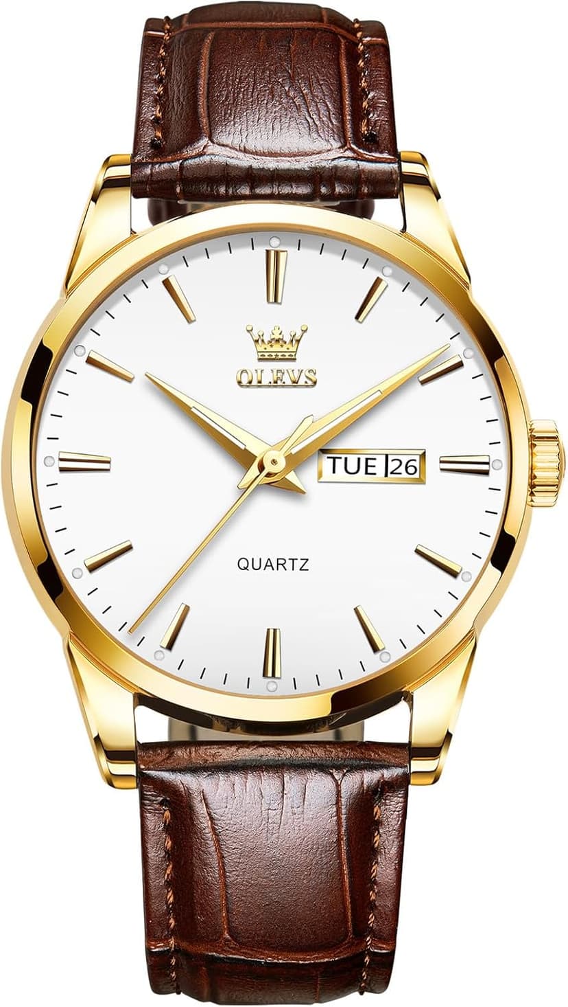 QBAIZI Men's Casual Leather Watch, Easy to Read Three-Hand Analog Stainless Steel Watches for Men, Minimalist Day Date Waterproof Luminous Mens Quartz Wristwatch