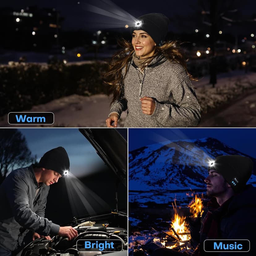 Bluetooth Beanie with Light, USB-C Charging 5 LED Flashlight Hat, Built-in Stereo Speakers Mic, Christmas Stocking Stuffers White Elephant Gifts for Men Dad Teens Boys for Camping Fishing B0DJ17Q4X3
