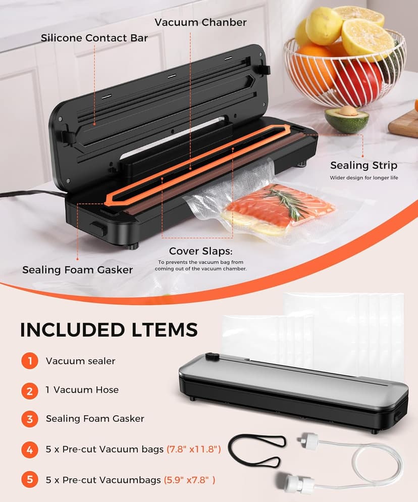 Vacuum Sealer Machine 75KPa Food with 6-in-1 Dry/Moist Modes & Digital Timer, Compact Lightweight Design, Built-in Cutter + 10 Bags (Black Silver)