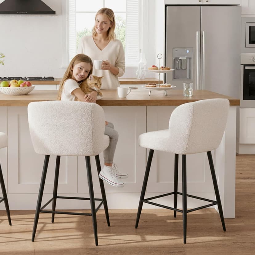 Modern Counter Height Bar Stools Set of 2, 26 Inch Faux Sherpa Upholstered Bar Stools with Back, 18" Seat Wide Island Stools with Black Metal Frame for Kitchen Counter/Breakfast Bar/Restaurant, White