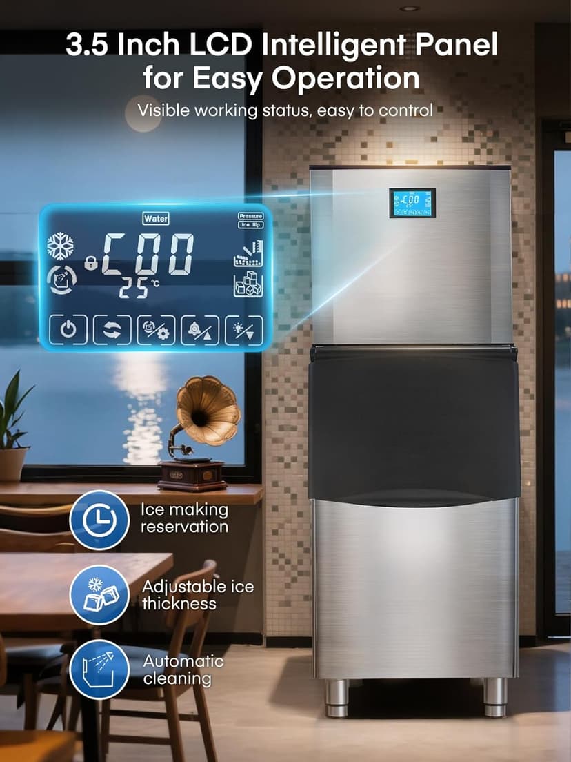 Commercial Ice Maker Machine 500LBS/24H, 350LBS Stainless Steel Storage Bin, 182 Ice Cubes in 10-15min, Self-Cleaning, Air Cooled Ice Machine with LCD Touchscreen for Bar Business Cafe (500 lbs)