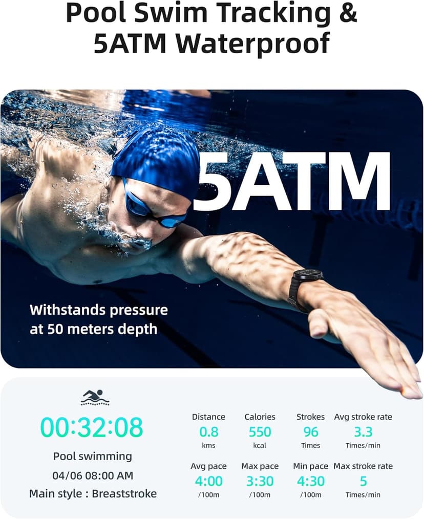 Parsonver Parsonver Swimming Smart Watch, 5ATM Waterproof for Pool & Open Water, Built-in GPS & Compass, AMOLED Screen Fitness Tracker with 100+ Sports Modes, Heart Rate & Sleep Monitor, AI Swim Analysis, Black