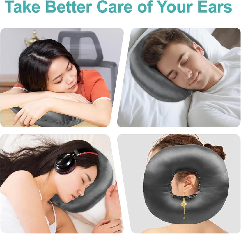 Piercing Pillow for Side Sleepers with an Ear Hole, Donut Pillow for Ear Pain CNH | Pain Relief Sleeping | Pressure Sore | Satin Washable and Adjustable Ear Protector (Dark Gray)