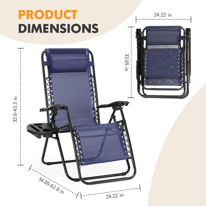 Zero Gravity Chair Set of 2, Adjustable Folding Reclining Lounge Chairs with Mesh Back, Adjustable Pillows & Cup Holder Trays, Outdoor Patio Lawn Chairs for Pool, Beach & Camping, Blue