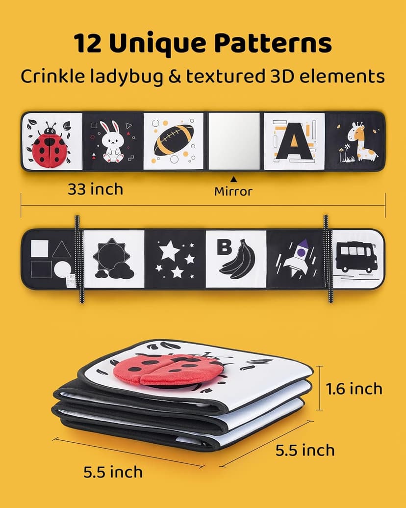 Newborn visual stimulation 0-6 months, Montessori sensory play, soft crinkle pages, folds flat, ties to crib and stroller Infinno High Contrast Baby Book, Black and White, Tummy Time Mirror Toy B0DHH7LGZT