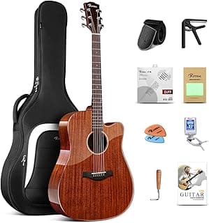 Rosen G31 Dreadnought Acoustic Guitar Soild Mahogany Top 41 Inch Guitarra Full Size Cutaway with Gloss Finish Bundle Starter Kit with Gig Bag, Strings, Strap, and Picks