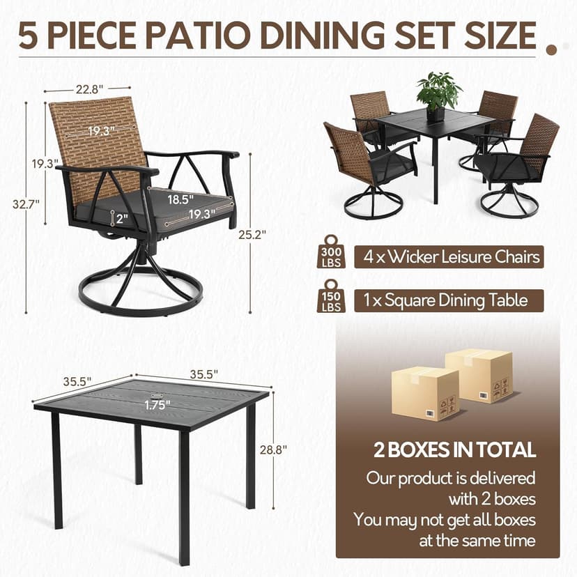 5-Piece Patio Dining Set for 4，Outdoor Dining Set with Wicker Swivel Patio Dining Chairs with Cushions & 1 Black Square Woodgrain Dining Table with 1.75”Market Umbrella Hole, Black & Brown