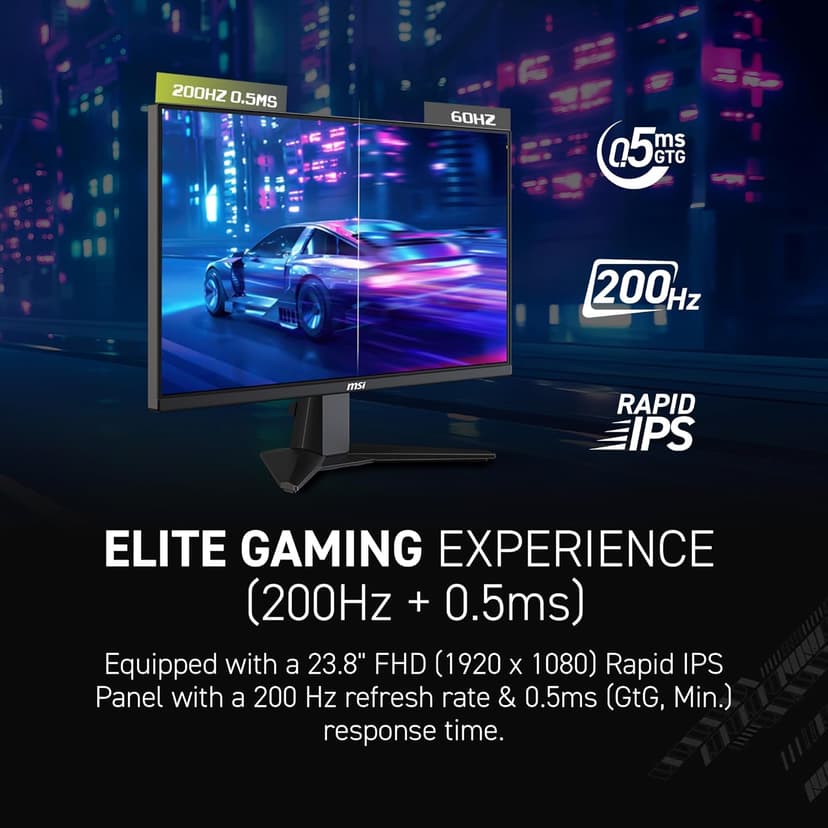 msi MAG 242F 24-inch 1920 x 1080 (FHD) Gaming Monitor, 200Hz, FreeSync Premium, HDMI, DisplayPort, VESA Mountable, Tilt, Height Adjustable, Speaker, 0.5ms, Black