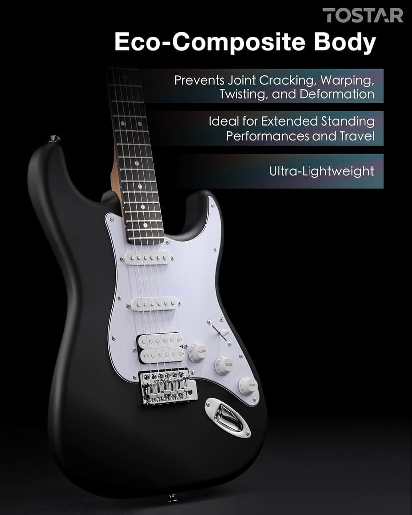 Tostar Beginner Electric Guitar, Solid Body, 39" Full Size Strat Style with HSS Pickups, 5-Way Switch, Tremolo Bridge, Maple Neck & Tectona Fretboard, Ideal for Beginners and Gifting, Black