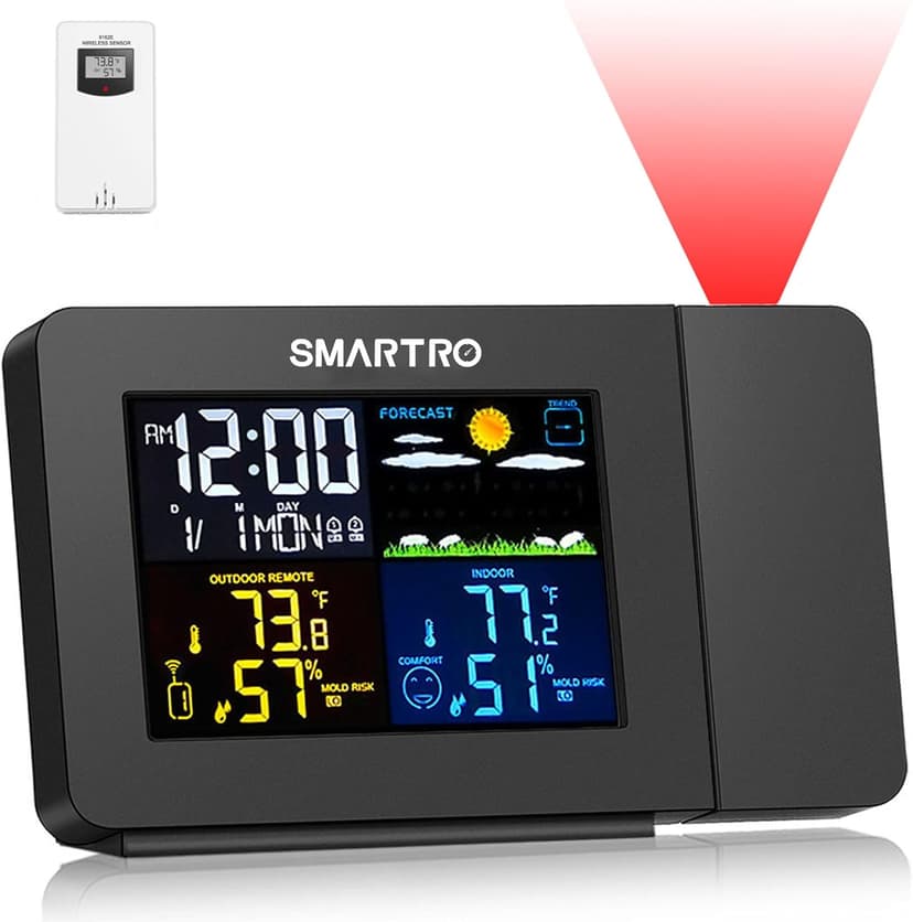 SMARTRO SC91 Projection Alarm Clock for Bedrooms with Weather Station, Wireless Indoor Outdoor Thermometer, Temperature Humidity Monitor Gauge Hygrometer