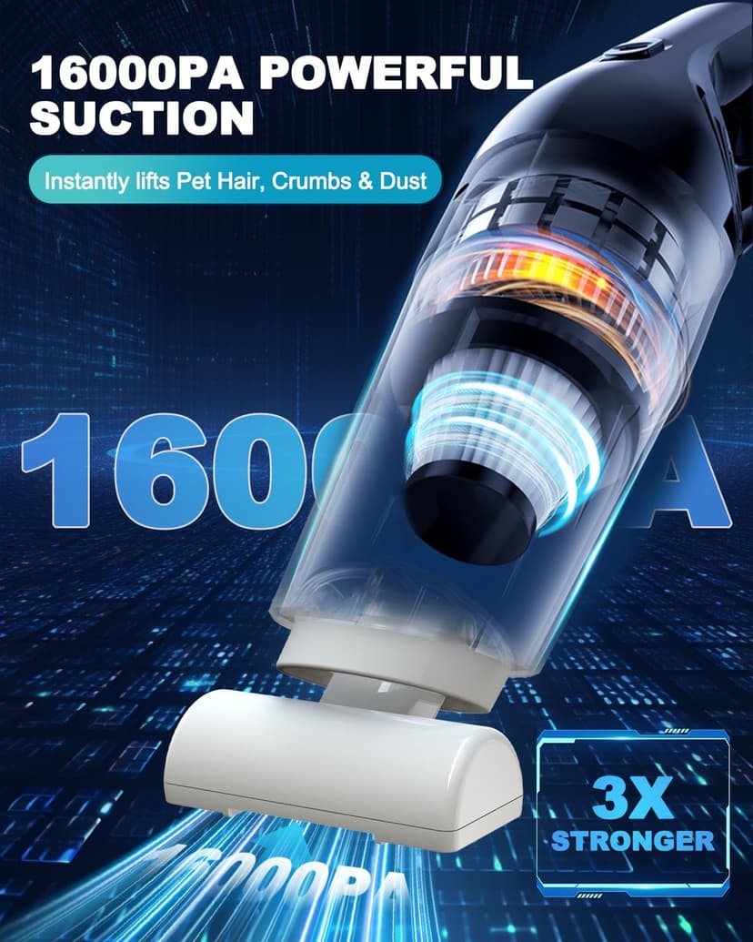 EABOSON Handheld Vacuum Cordless, 16000PA High Power Suction Hand Held Car Vacuum Cleaner Portable with Washable Filter & Multi Accessories, Rechargeable Dust Busters for Car Home Office and Pet Hair