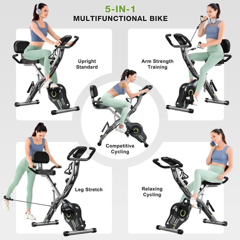 Exercise Bike, 5 in 1 Foldable Stationary Bike for Seniors, 16-Level Adjustable Magnetic Resistance, Indoor Workout Bike with 330LB Capacity, Comfortable Seat Backrest X-bike