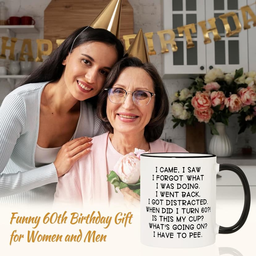 Shqiueos Funny 60th Birthday Gifts for Women Men Mug 11oz, Gag 60 Year Old Birthday Gifts for Her Him, 60th Bday Gift Idea for Mom Dad Sister Best Friends, 1965 Birthday Decorations Coffee Cup