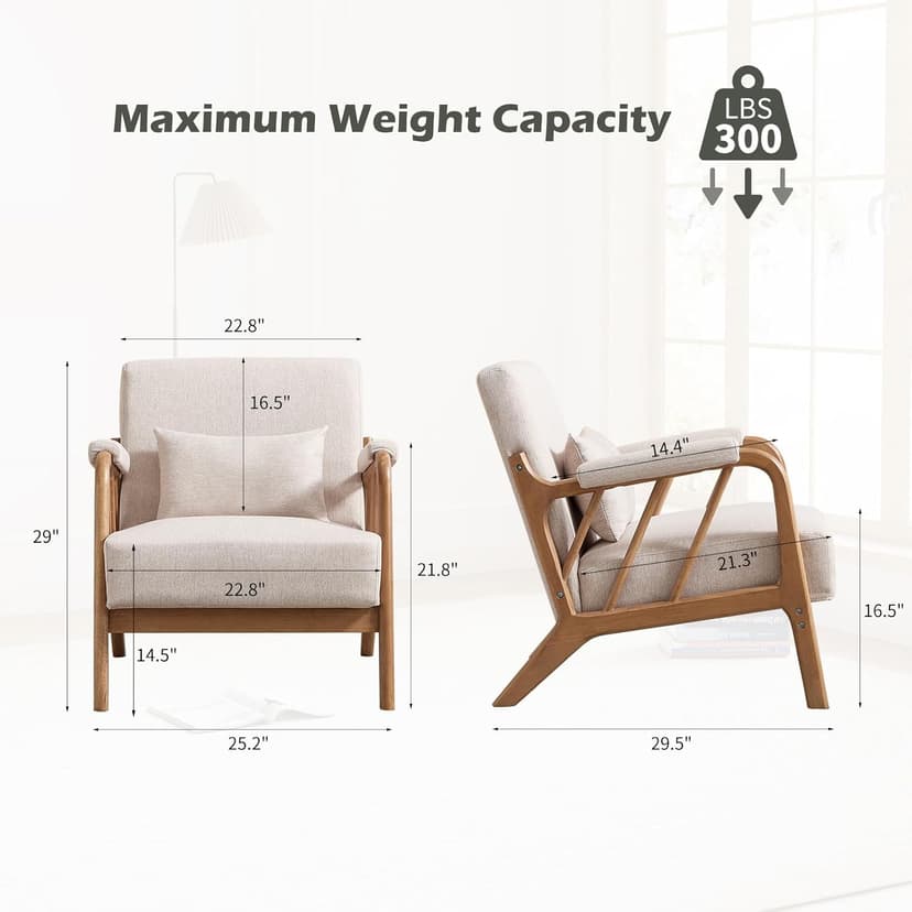 IOMOR Mid Century Modern Accent Chair with Solid Wood Frame Linen Fabric, Upholstered Living Room Chairs with Lumbar Cushion Padded Arms, Reading Armchair for Bedroom (1, Warm Beige)