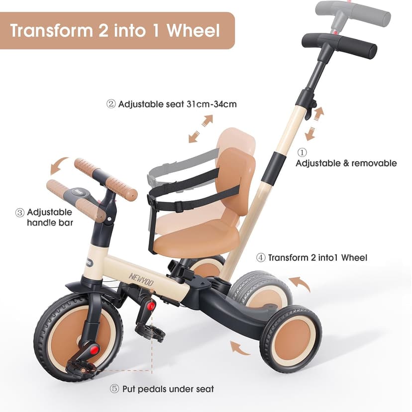 Toddler Trike with Push Handle Lets Parents Steer and Converts to Balance Bike, Fun Outdoor Toy for Boys and Girls, Khaki newyoo TR007 5-in-1 Tricycle for Toddlers 1-3, Toddler Bike, Birthday Gift B0CWLTLC2F