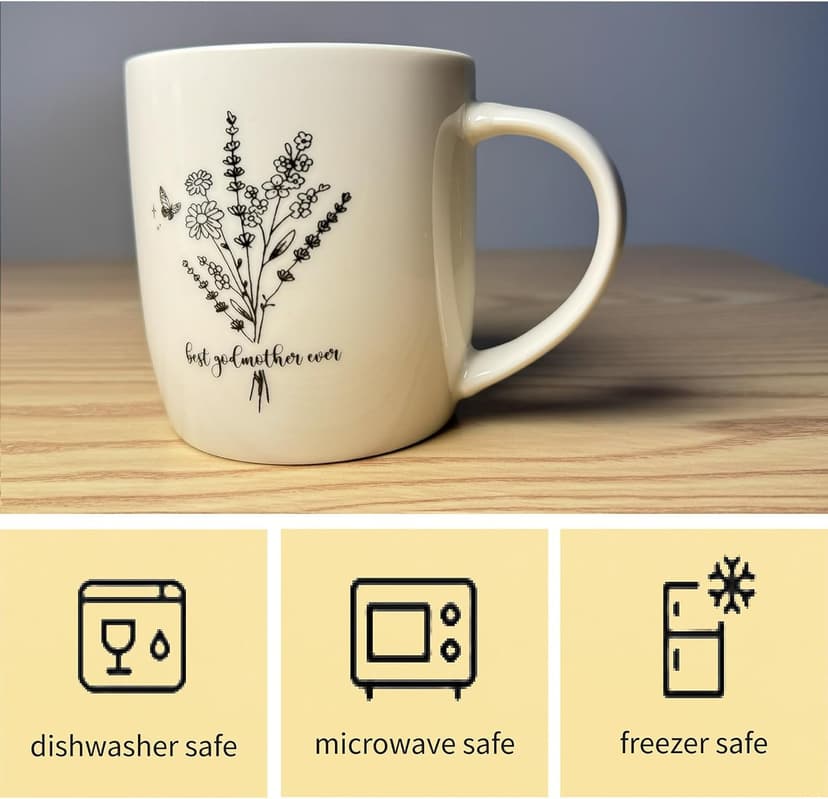 Best Godmother Ever Mug 12 Ounces Ceramic Coffee Cup Floral Beige with Keychain, Gift for Godmother Birthday, Mother’s Day, Christmas from Godchild