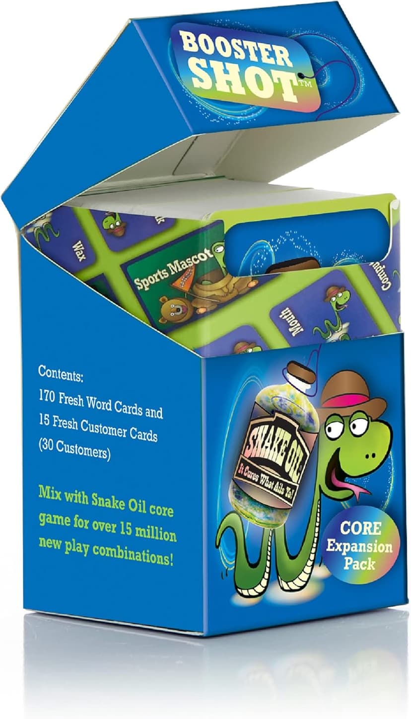 SNAKE OIL - The Silly Selling Party Game - Funny Group 3-10 Player Card Games - Fun Travel Activity for Friends and Family - Booster Shot Expansion for Ages 10+