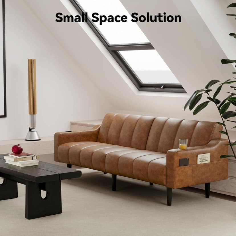 Brelice 80'' Leather Couch, Futon Sofa Bed, Faux Leather Couch with Adjustable Backrest, 2 Cup Holders & Side Pockets, Mid Century Modern Sofa for Living Room, Bedroom, Brown