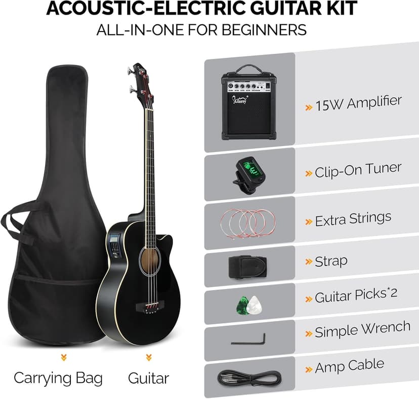 GLARRY Full Size Acoustic Electric Bass Guitar Beginner Kit w/ 15W Amp, Cutaway 4 Strings Electric Acoustic Bass Guitar w/Inbuilt Tuner, Bag, Strap, Picks, Strings, Bass Guitarra，Matte Black