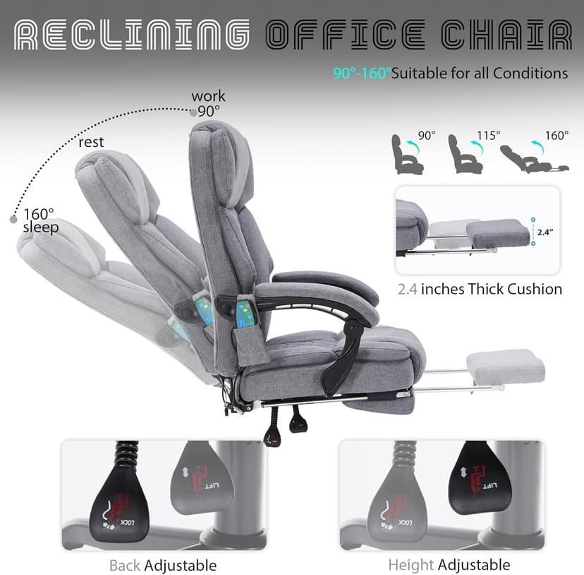 Massage Office Chair with Heat,Reclining Office Chair with Foot Rest,6 Points Vibration Home Desk Chairs for Heavy People 400lbs,Ergonomic Managerial Executive Chair (Grey)