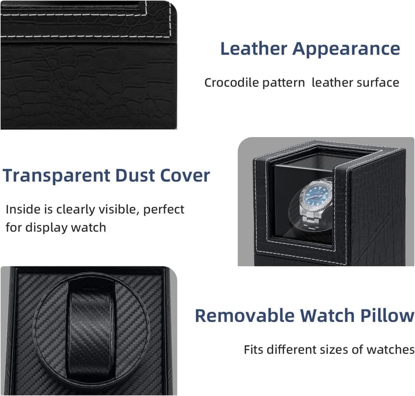 Mcbazel Mcbazel Single Watch Winder, Ultra Quiet Japanese Motor Automatic Watch Winder Box with Multiple Rotation Modes, Premium Watch Winder for Automatic Watches (AC/ Battery Powered) - Black with Crocodile Pattern
