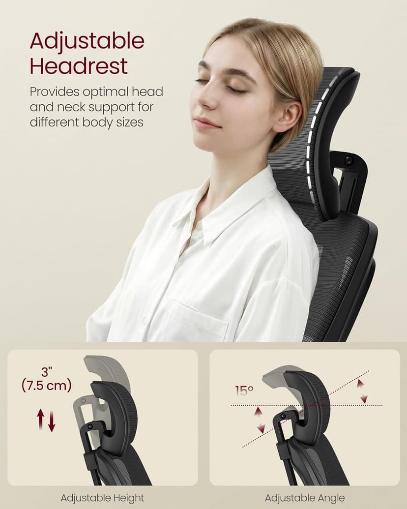 VASAGLE Ergonomic Mesh Office Chair with Adjustable Lumbar Support and Headrest, 90-105° Tilt Function, Wide Seat, Flip‑Up Armrests, Computer Desk Chair for Home Office, Ink Black UOBN044BH01S