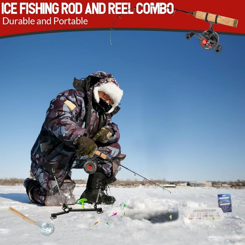 QualyQualy Ice Fishing Rod Reel Combo Complete Set Ice Fishing Gear with Backpack Seat Ice Cleats Ice Fishing Jigs Line Full Ice Fishing Kit 24" 26"
