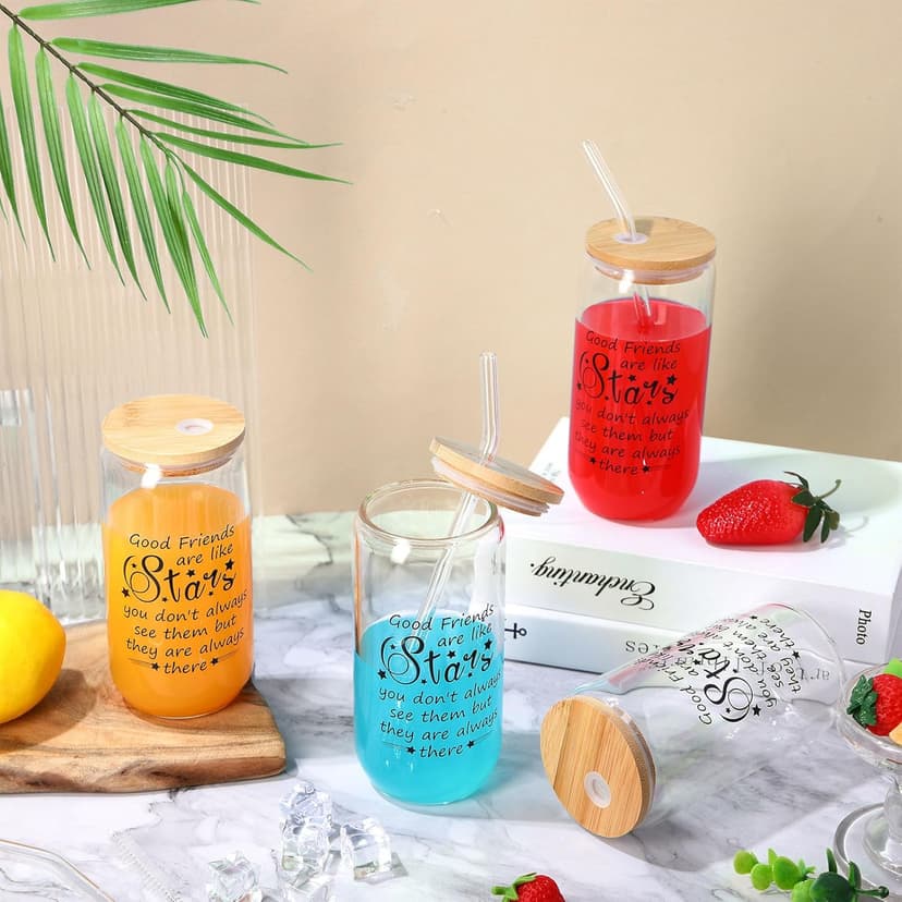 6 Set Friendship Gifts for Women,16 oz Galentines Day Glass Cup Friendship Gift Ideas Best Friend Birthday Gift Friendsgiving Wine Glasses Bulk Ice Coffee Cup for Friend Group(Friends Are Like Stars)