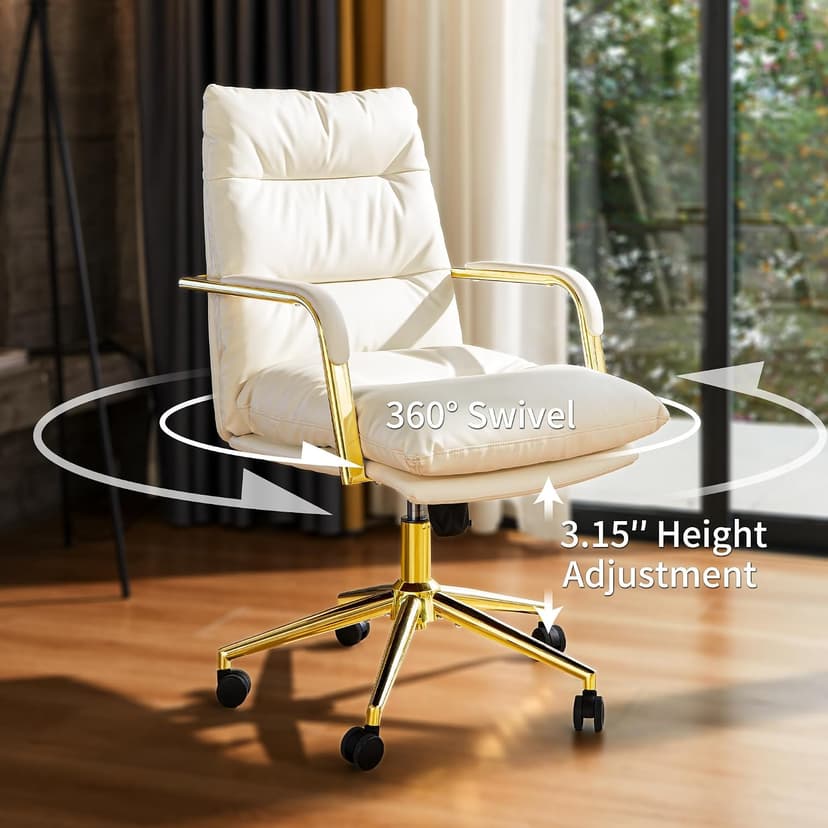 Leather Home Office Desk Chair, Executive Comfy Desk Chair with Support Armrests, Swivel Wheels, Height Adjustable, Mid Back, 360 Swivel, Computer Chair for Office Room, White