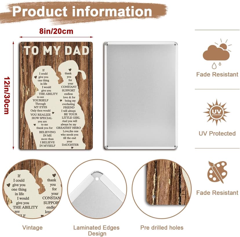 Gifts for Dad from Daughter Wife,12x8Inch Metal Tin Sign Novelty Vintage Plaque Decorative Gifts for Dad Husband,Meaningful Christmas Anniversary Birthday Father's Day Presents for Daddy Stepfather