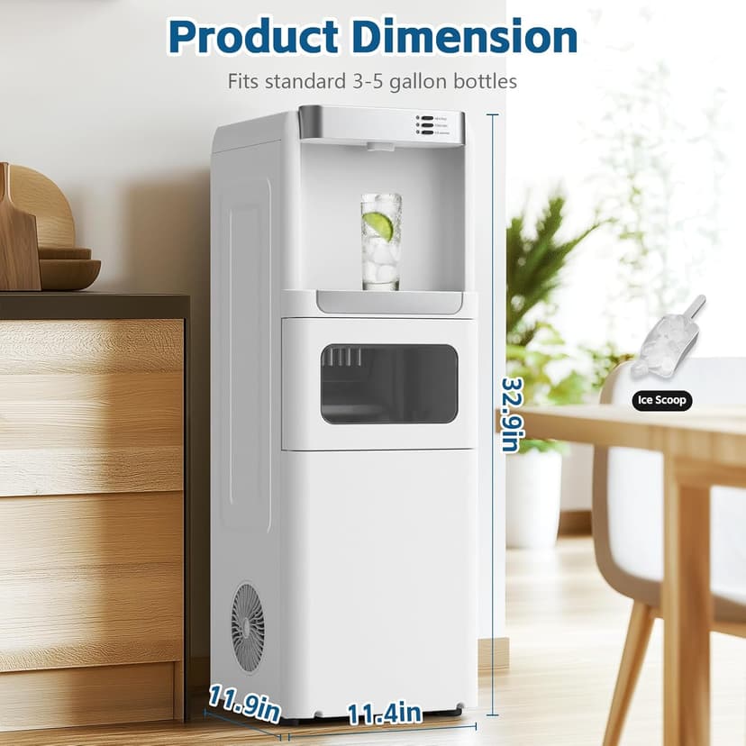 4 in 1 Water Cooler Dispenser with Ice Maker, Hot & Cold Water Dispenser for Home & Office, 33lbs/24H Bullet Ice, Top Loading 3-5 Gallon, Child Safety Lock, Ice Ready in 7 Mins (White)