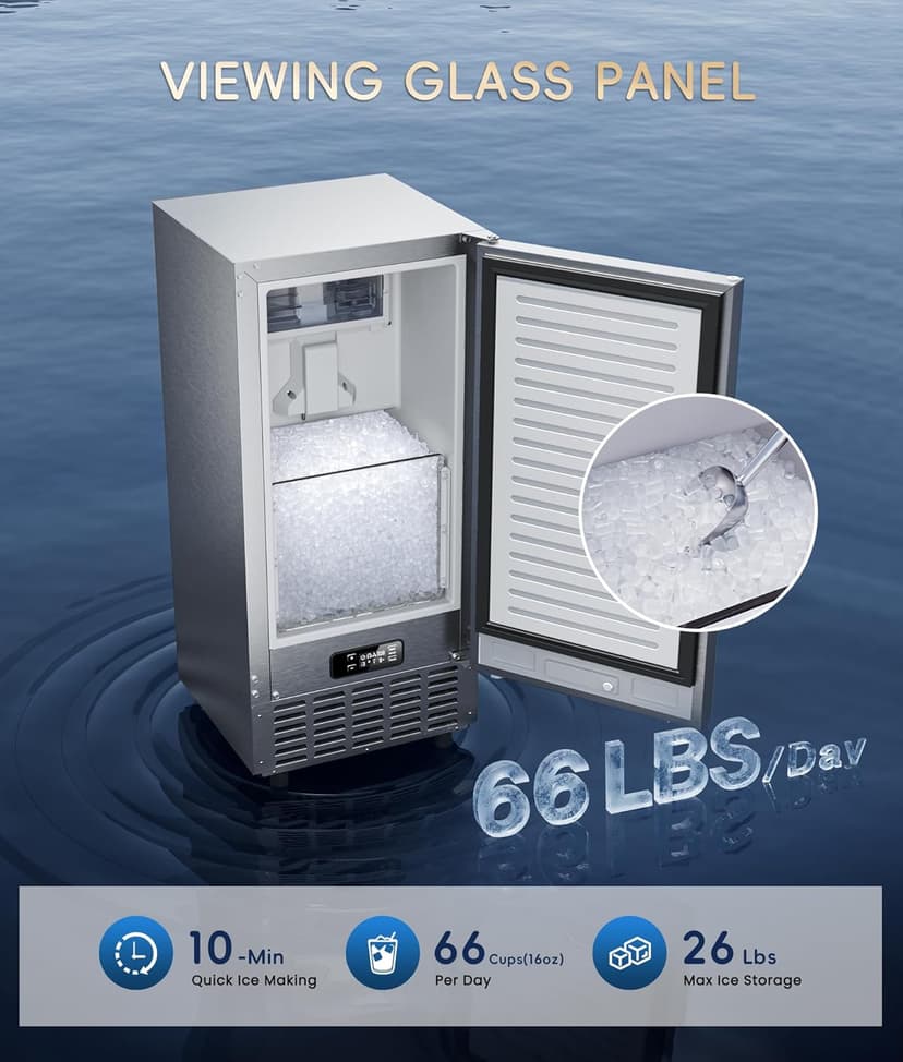 ecozy Under Counter Nugget Ice Maker Machine, Bulit-in & Freestanding, Horizontal Handle, Reversible Door, 66 Lbs/Day, Thickened Viewing Glass Window, Self-Cleaning & 24H Timer, Stainless Steel