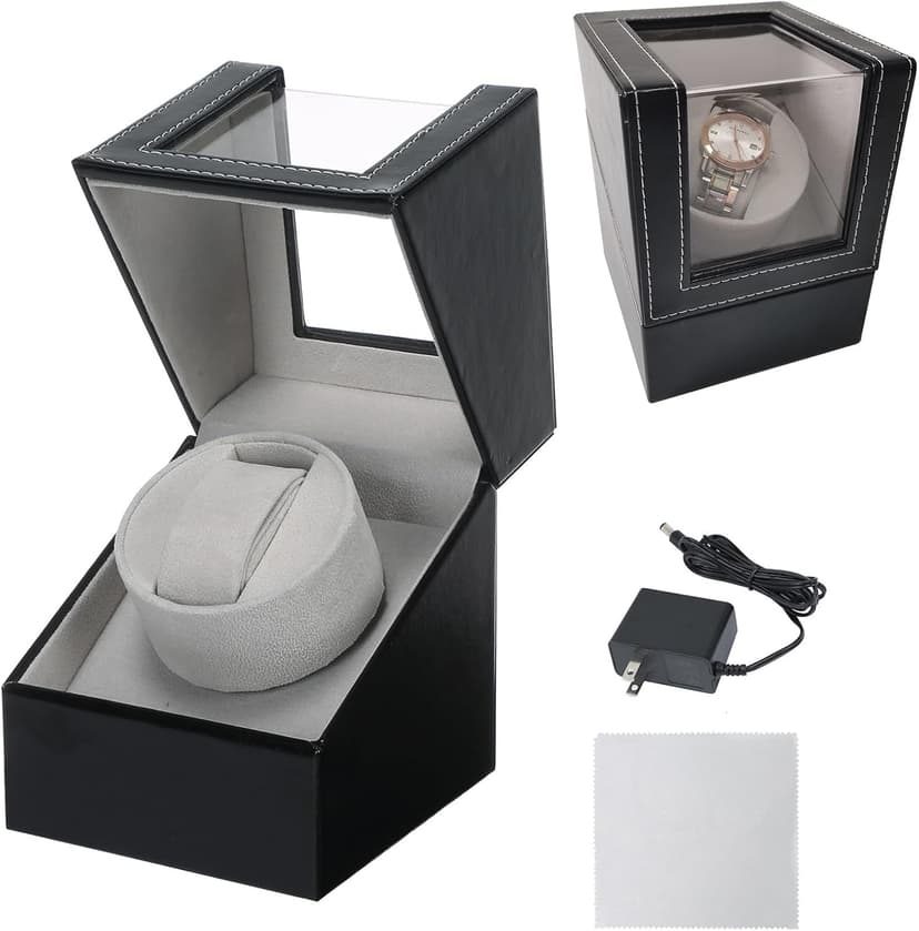 MAOPINER Single Automatic Watch Winder with Japanese Mabuchi Quiet Motor & 10 x 5.7 x 7.8 inch Vintage Gold Glass Jewelry Box