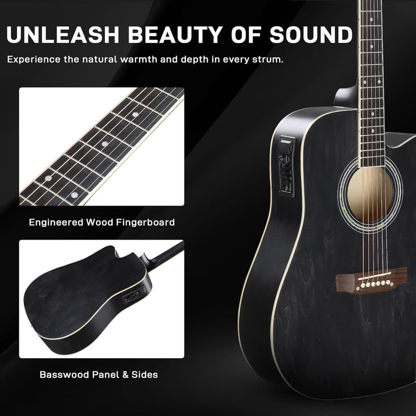Ktaxon Full-Size Acoustic Electric Guitar with Amp, 41 Inch Basswood Body Guitars Kit for Beginner & Intermediate W/Bag, Strap, and Capo All Accessories Included (Black)