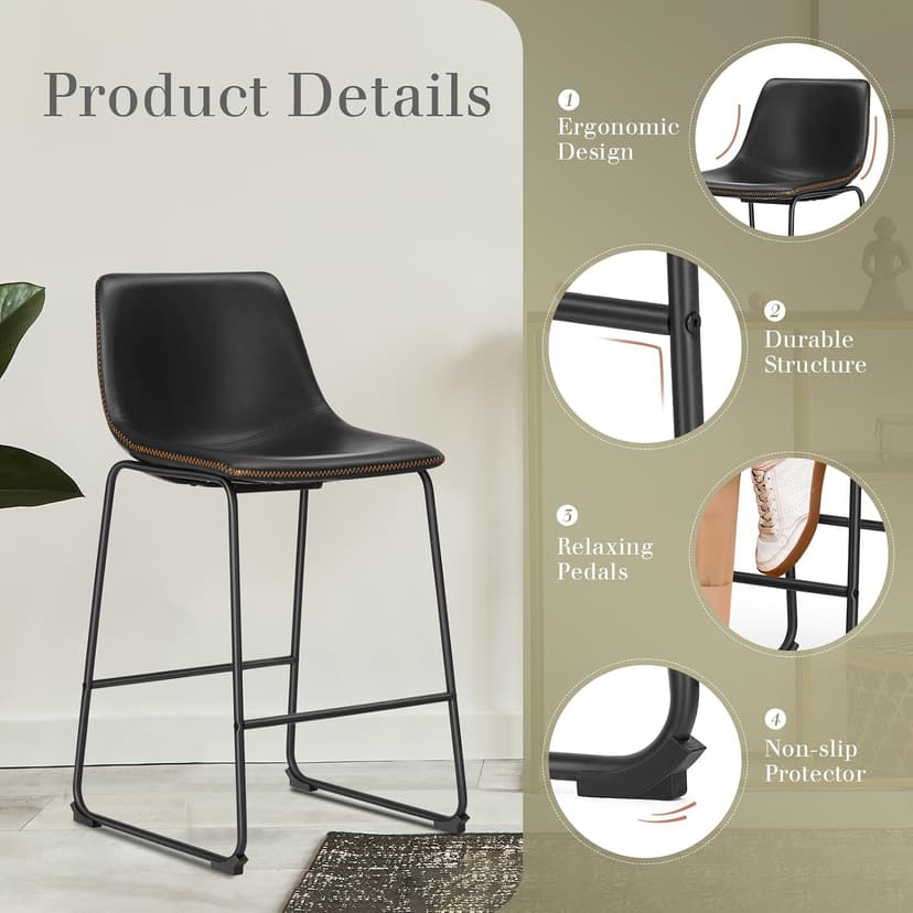 DUMOS 26 Inch Counter Height Bar Stools Set of 4, Modern Faux Leather High Barstools with Back and Metal Leg, Bar Chairs for Kitchen lsland, Black